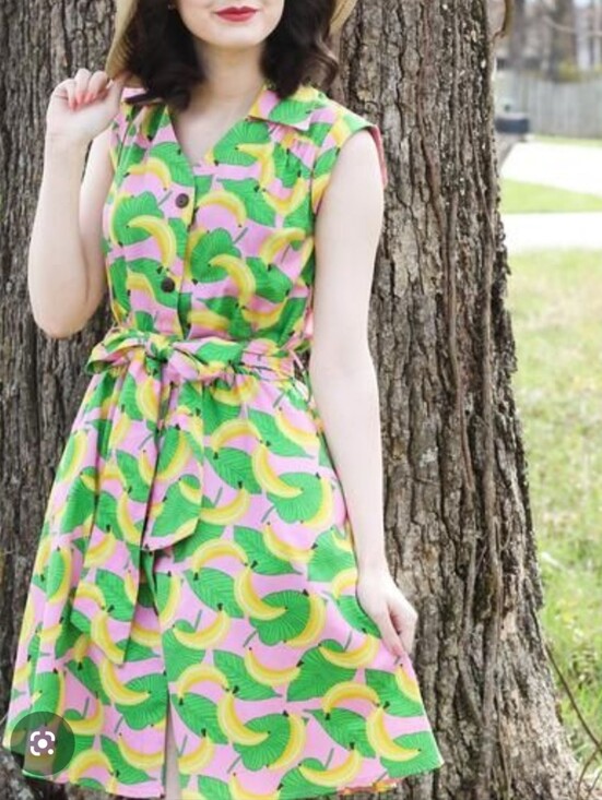 Retrolicious Dresses & Skirts - Retrolicious Banana Pattern Button Dress Green Yellow Retro Vintage-y Tie Waist